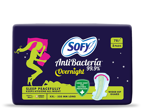 Sofy AntiBacteria Overnight 350 mm Long with 5 Pads at 78/-